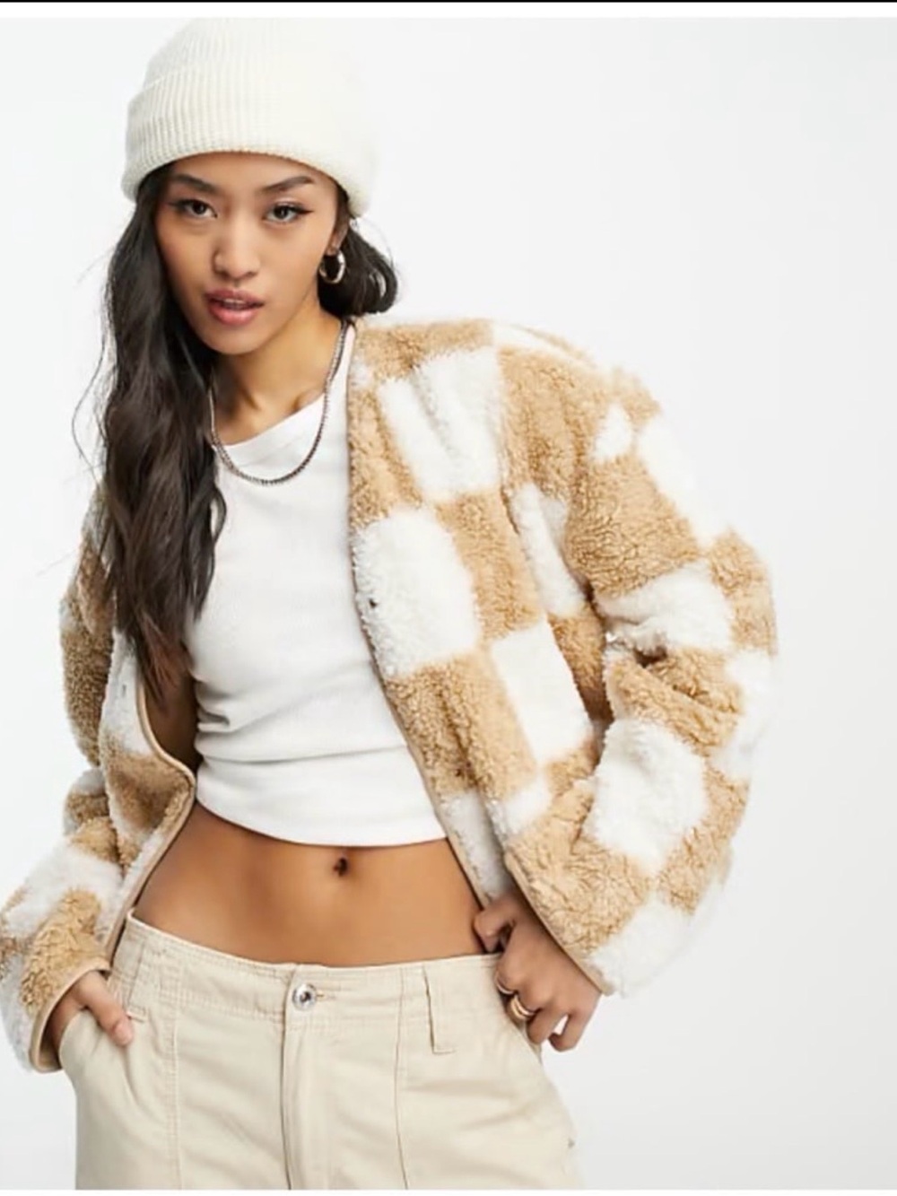 Abercrombie & Fitch Womens Jacket Size Small Tan/White Checkered Sherpa Liner